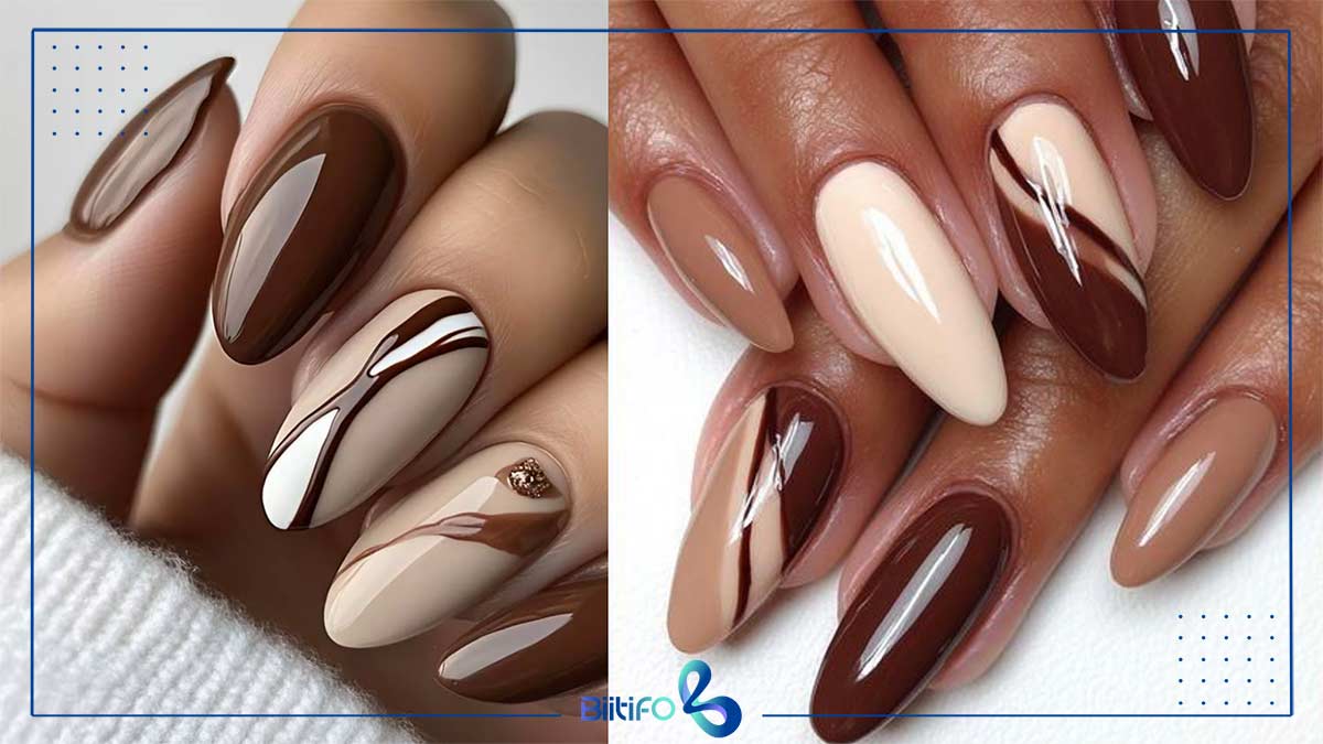 طرح ناخن پاییزی کرم قهوه ای