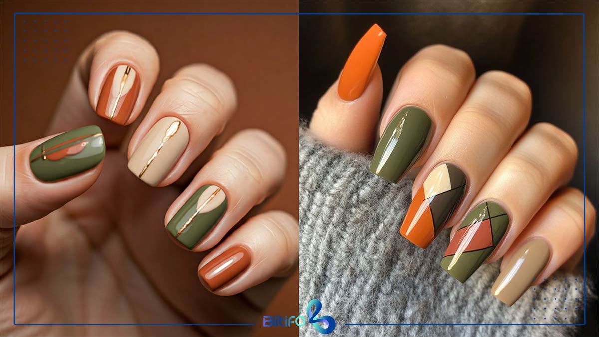 طرح ناخن پاییزی سبز و نارنجی