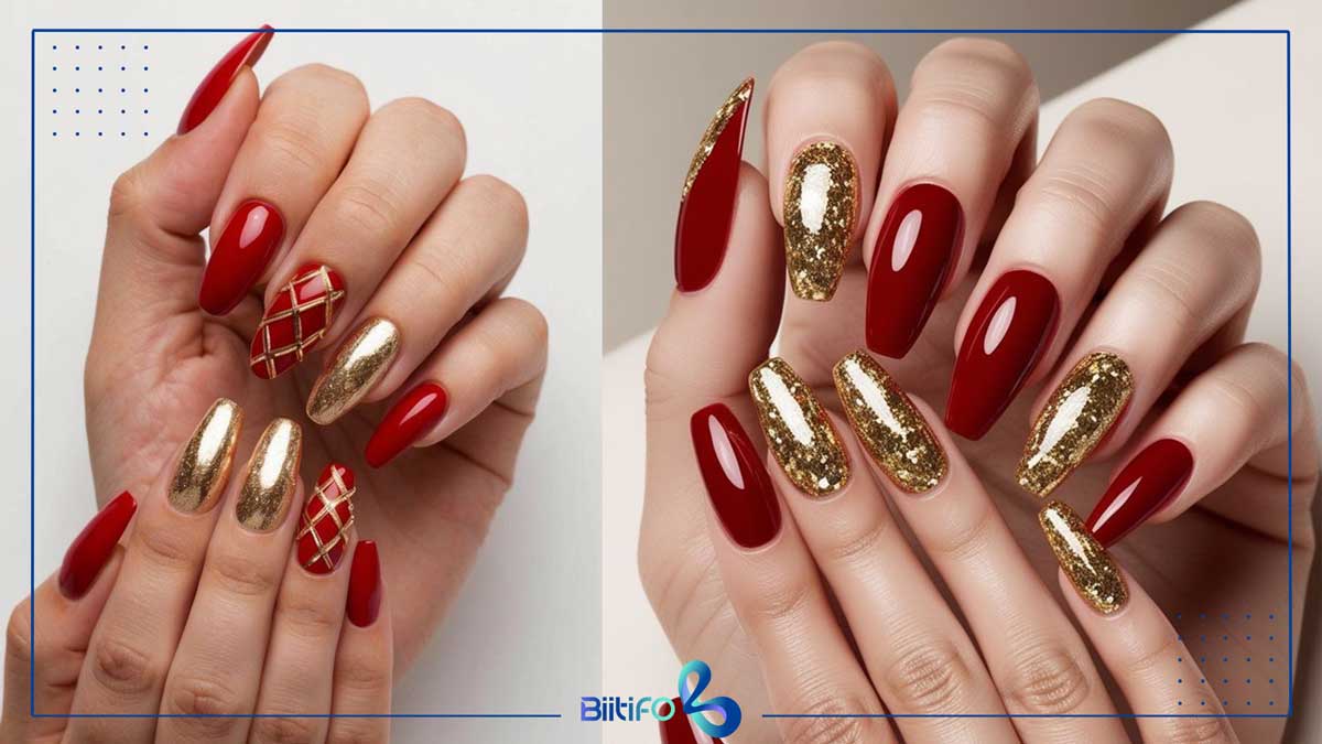 طراحی ناخن با لاک قرمز و طلایی