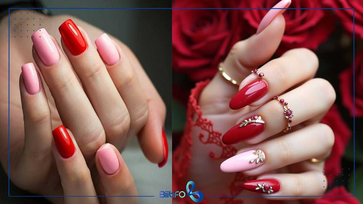 طراحی ناخن با لاک قرمز و صورتی