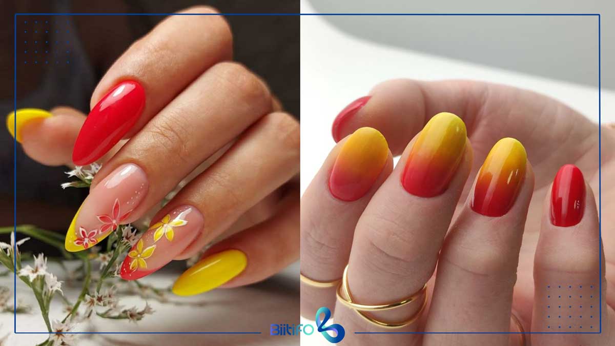 طراحی ناخن با لاک قرمز و زرد