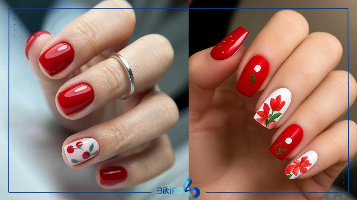 طراحی ناخن با لاک قرمز و سفید